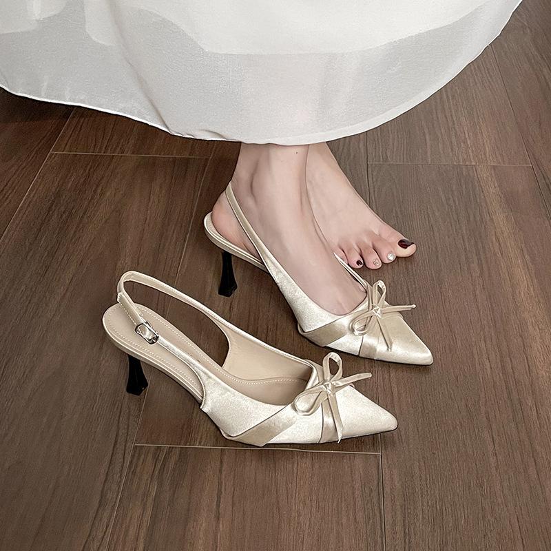 Sheepskin version, showing leg length 7cm, small stiletto, satin bow, bag head, pointed head, empty single shoes, women's spring and summer new models