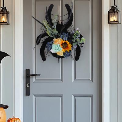 Halloween Spider Wreath for Front Door Wooden Black Spider Shaped Door Sign with Artificial Flowers for Indoor Outdoor Wall Decor