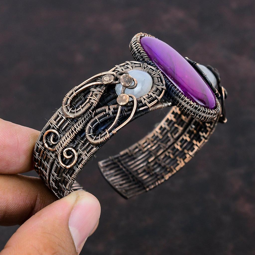 Purple Fire Labradorite Cuff Bracelet Copper Wire Wrapped Gemstone Bangle Moonstone Bangle Adjustable Cuff Bracelet Handmade Copper Jewelry