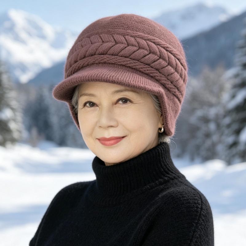 Middle-aged and elderly hats, women's autumn and winter fashion mother hats, fleece thickened ear protectors, cold-proof and warm knitted wool hats