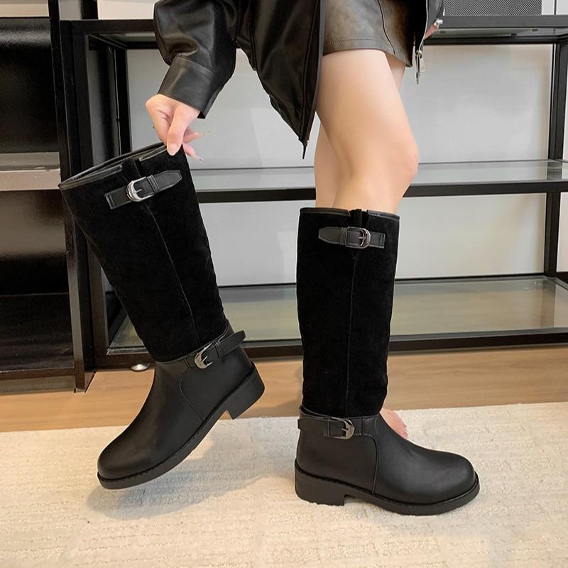 French Retro Belt Buckle Long Knight Boots for Women 2025 New British Style Niche Splicing Large Size High Boots for Women