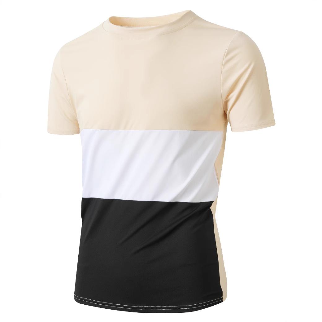 

Men S Autumn Sports Fitness Leisure Stand Up Collar Elastic Color Blocked Round Collar Short Sleeve T-Shirt 2XL