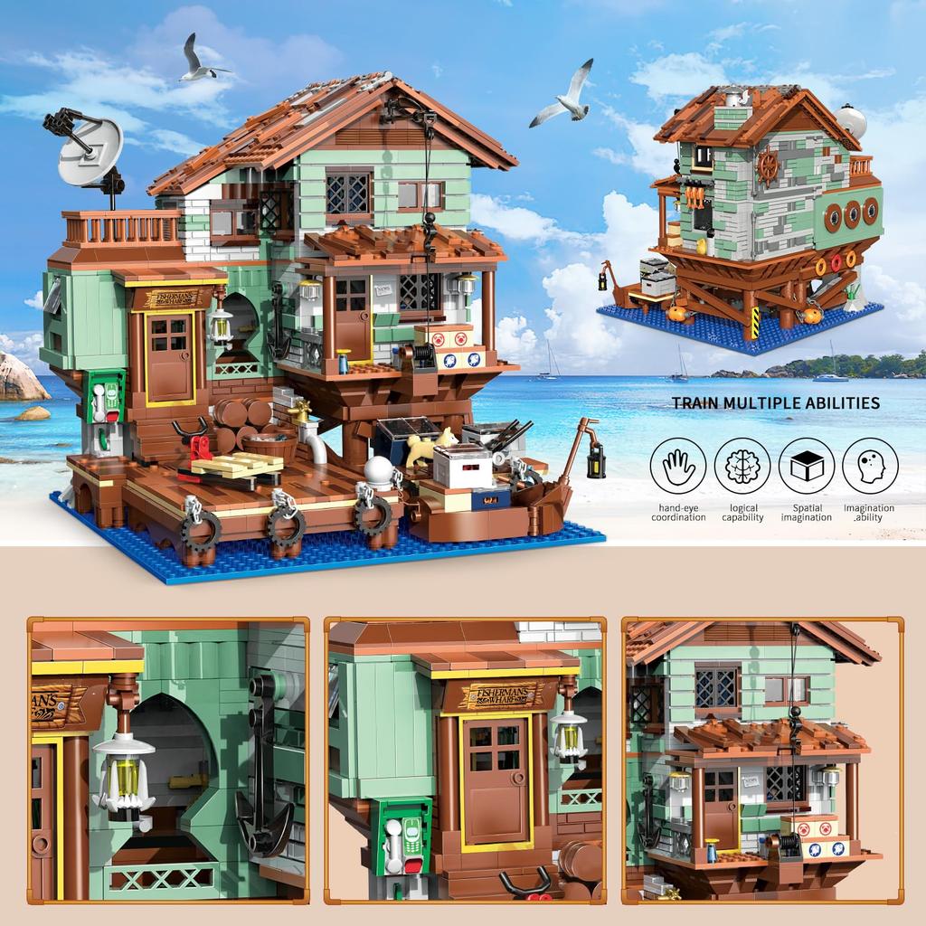 Non-Toxic 2100Pcs Fisherman'S Wharf Building Block Tree House Model Seaside Street View Boat Transportation Toys Children Holiday Gifts