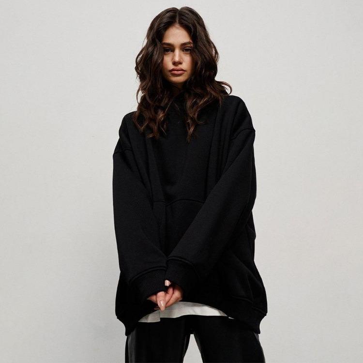 

Женские флисовые худи толстовка осень зима длинный рукав свободный карман уличный стиль бойфренда однотонный с капюшоном S чёрный