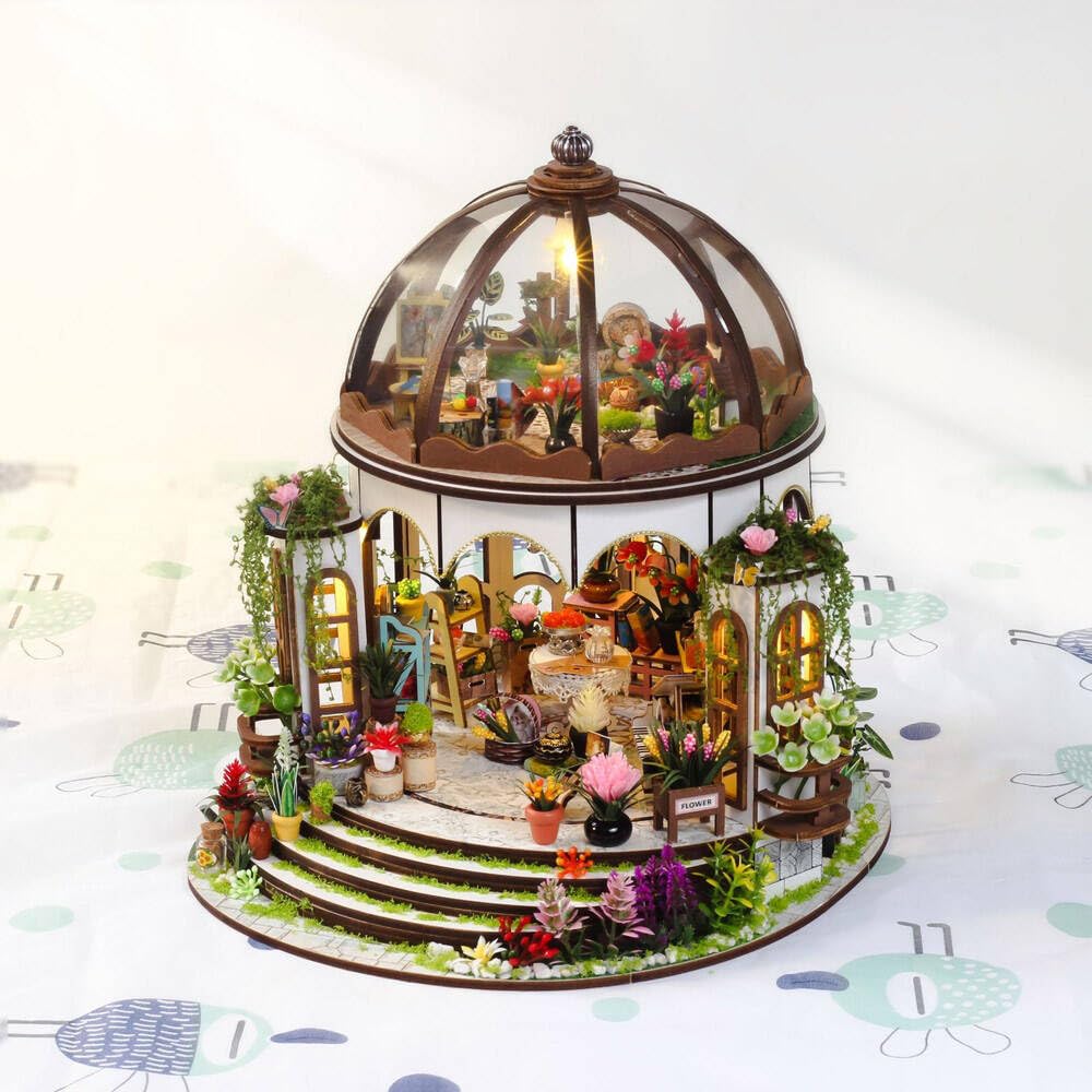 Moin Moin Dollhouse Miniature DIY Kit Set Scale Glass Dome Greenhouse Florist Garden Greenhouse Flowers Round LED Light 2508dh466 [English