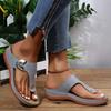 Women's Flip Flop Sandals, Round Toe Cut-Out Design Metal Buckle Wedge Heel, Solid Color Outdoor Comfort Slides for Women