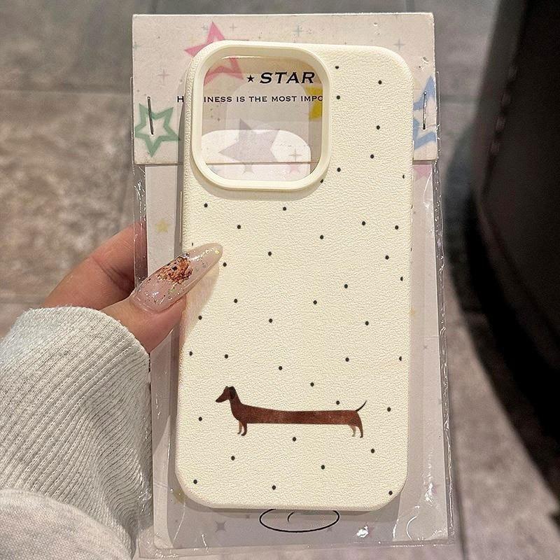 Black Polka Dot Sausage Dog Lychee Texture Phone Case For iPhone 17 16 15 14 13 12 11 Pro Max Plus Air X XS XR Soft Y2K Cover