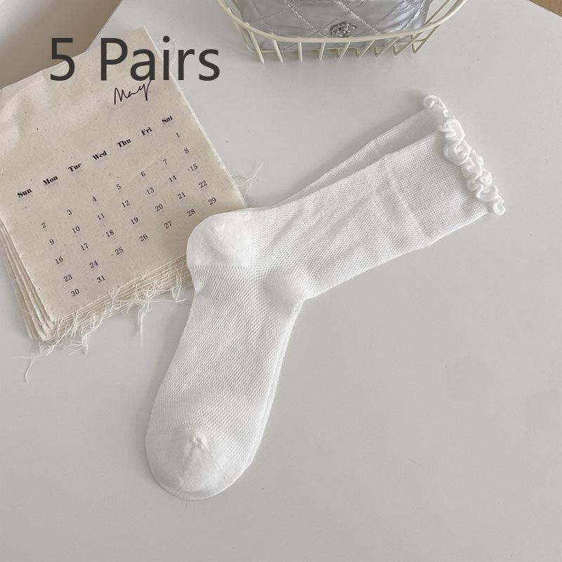 5 Pairs of Female Summer Thin Mesh Breathable Lace Boneless Tube Stack Socks