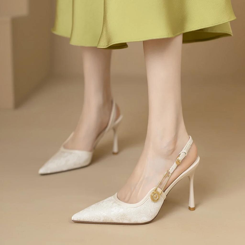 Sequins Metal Buckle Zapatos Mujer 2024 Tendencia Slingback Heeled Sandals Pointed Toe Pink Shoes For Women Summer