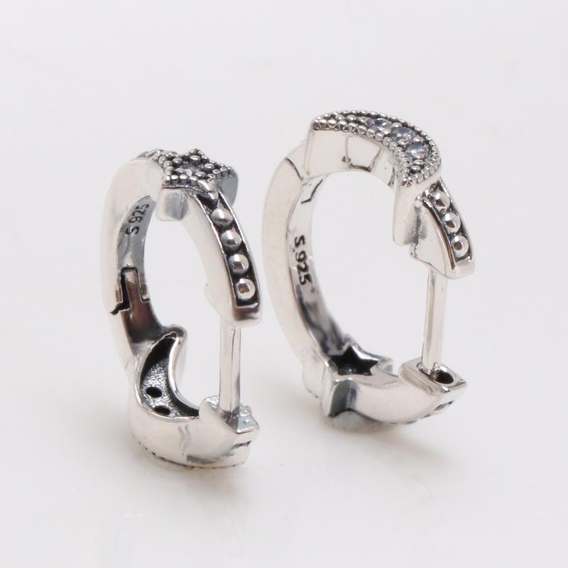 Pan Jia 925 Sterling Silver Crescent Moon  Star Dangle Hook Earrings - Elegant Star and Moon Stud Jewelry Gift White Copper Silver Plated (Y1212)