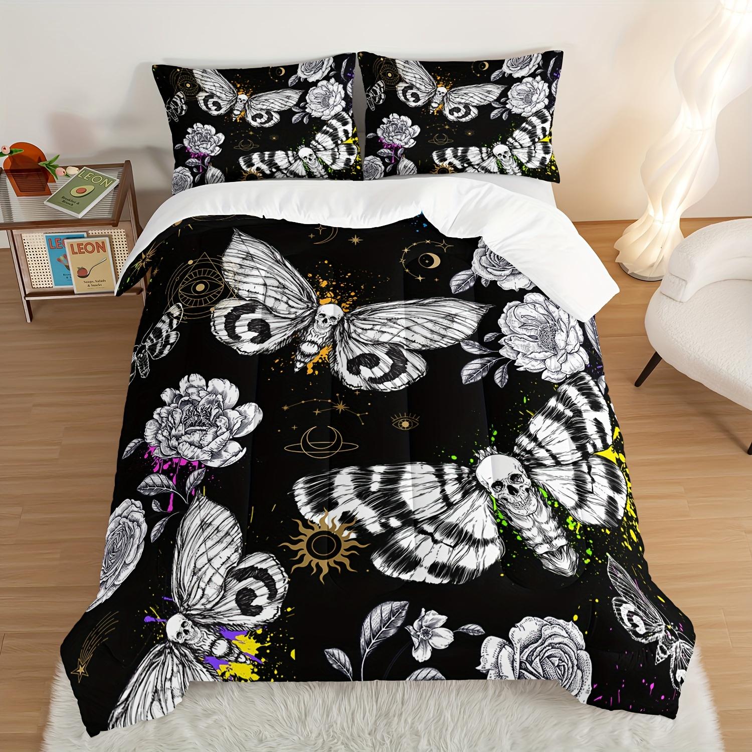

3pcs Fashion Comforter Set, Halloween Horror Theme Death Moth Skull Print Bedding Set, Soft And Comfortable Light Beige-friendly EU Twin(135x200cm)