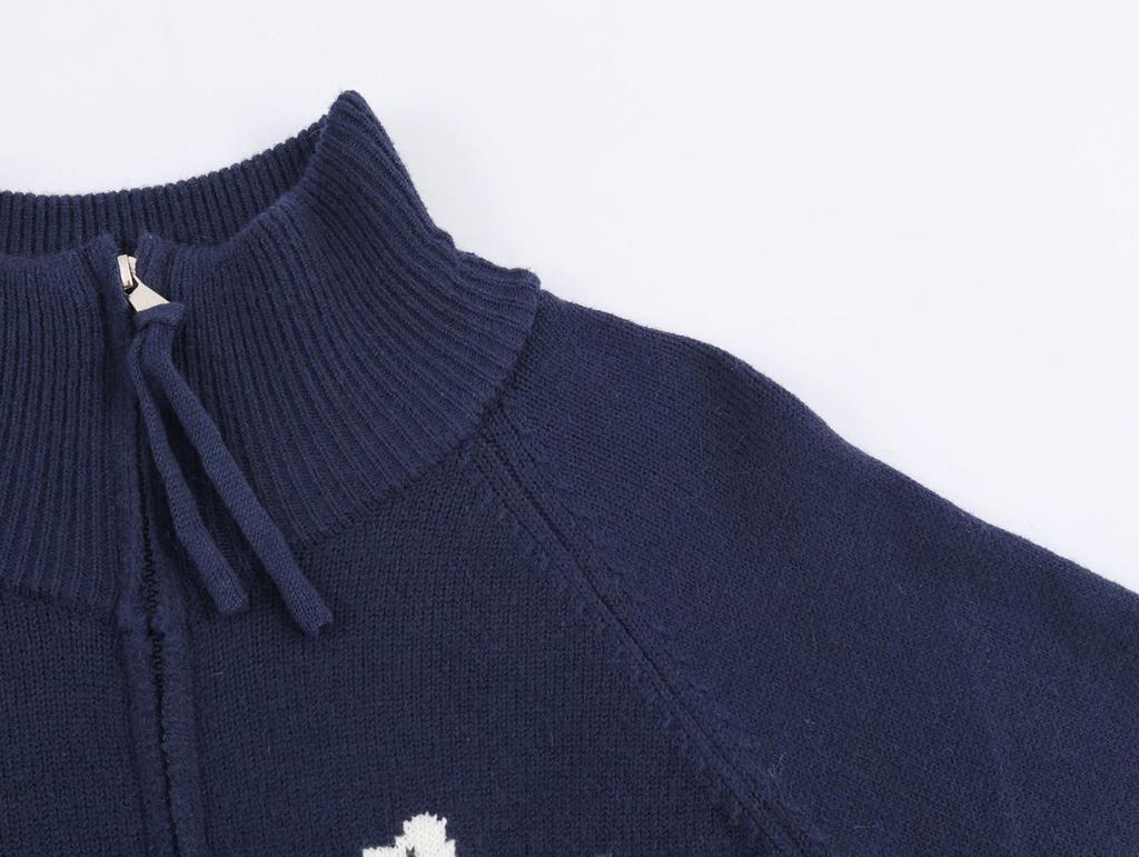 2026 Spring Women's Stand Collar Jacquard Little Dog Half-Zip Jacket - British Style