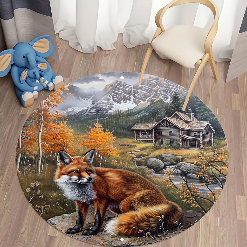 Flannel Printed Round Rug With Fox Mountain Cabin Design For Home Decor Soft Floor Mat Nature Art Theme Rustic Style