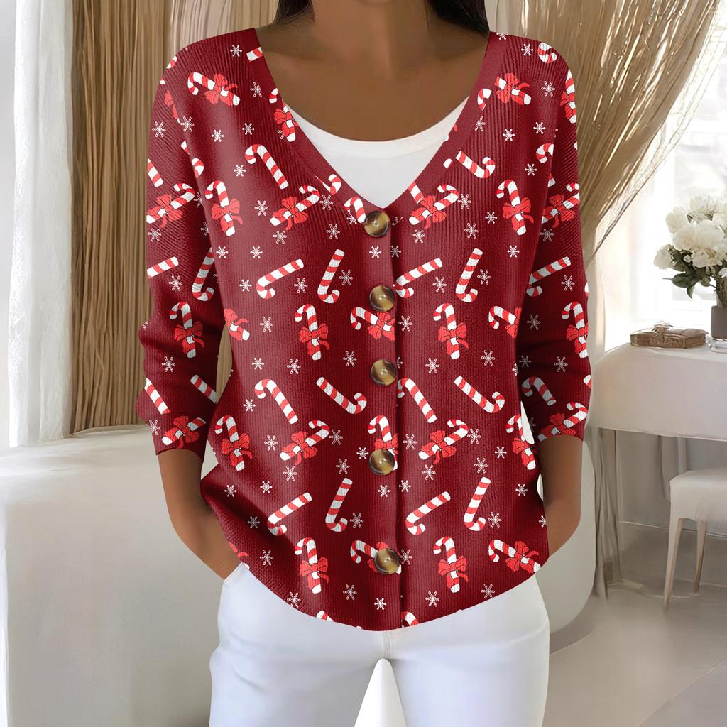 Women's Fashion Long Sleeve Christmas Snowman Snowflake Print Jacket Cardigan