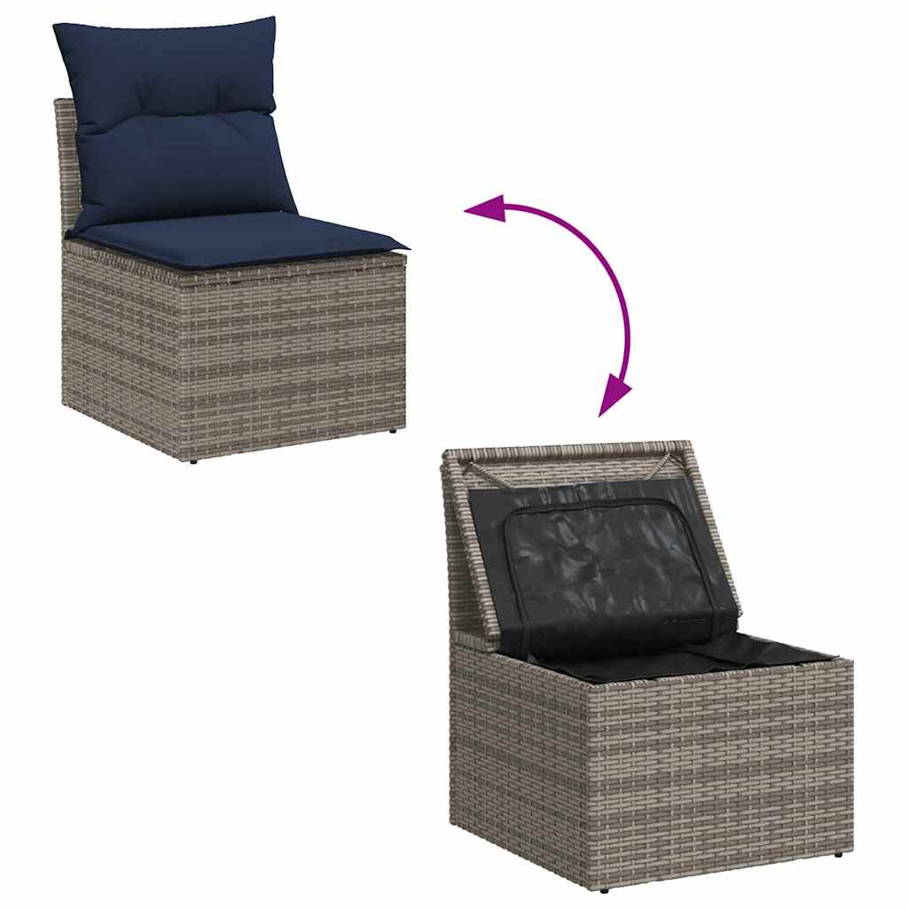 9 Piece Garden Sofa Set with Cushions In Grey and Navy Blue Poly Rattan