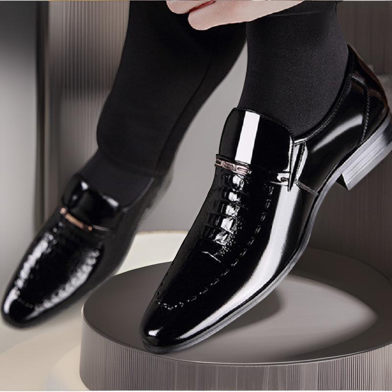 Men's Plus Size Crocodile Pattern Patent Leather Business Slip-On Shoes, Pointed Toe, Shiny Finish
