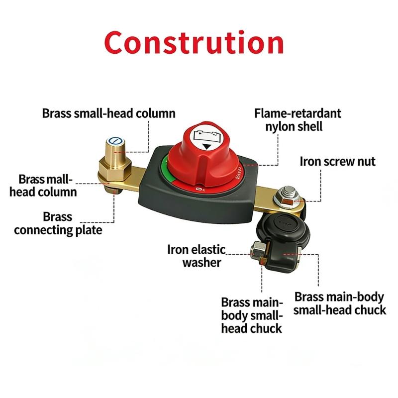 High Current 250A Brass Battery Disconnect Switches for Automotive Marine Motorhome Applications Featuring Easy Tool Free Installation and Corrosion