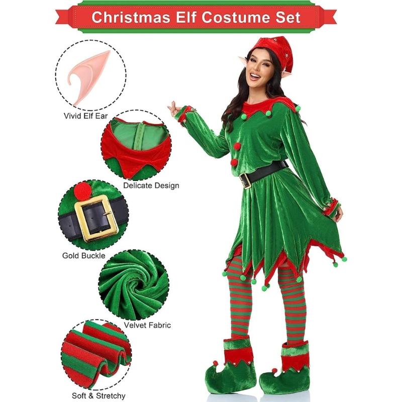 Adult Christmas Elf Costume Belt Dress Elf Ears Stripe Thigh High Stockings Elf Hat Boot for Christmas Cosplay Accessory