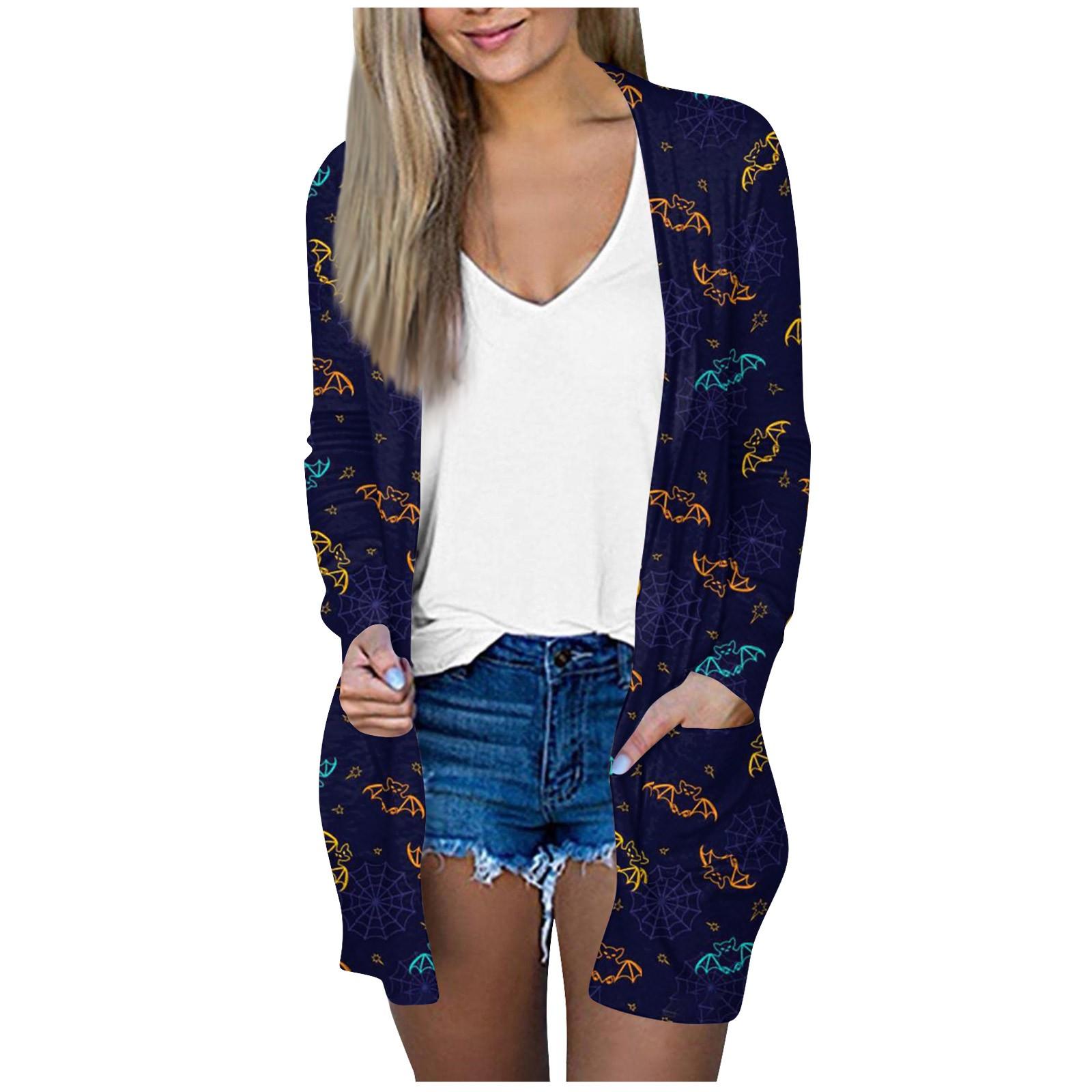 

Женская модная повседневная куртка-кардиган средней длины с длинным рукавом и принтом на Хэллоуин M фиолетовый