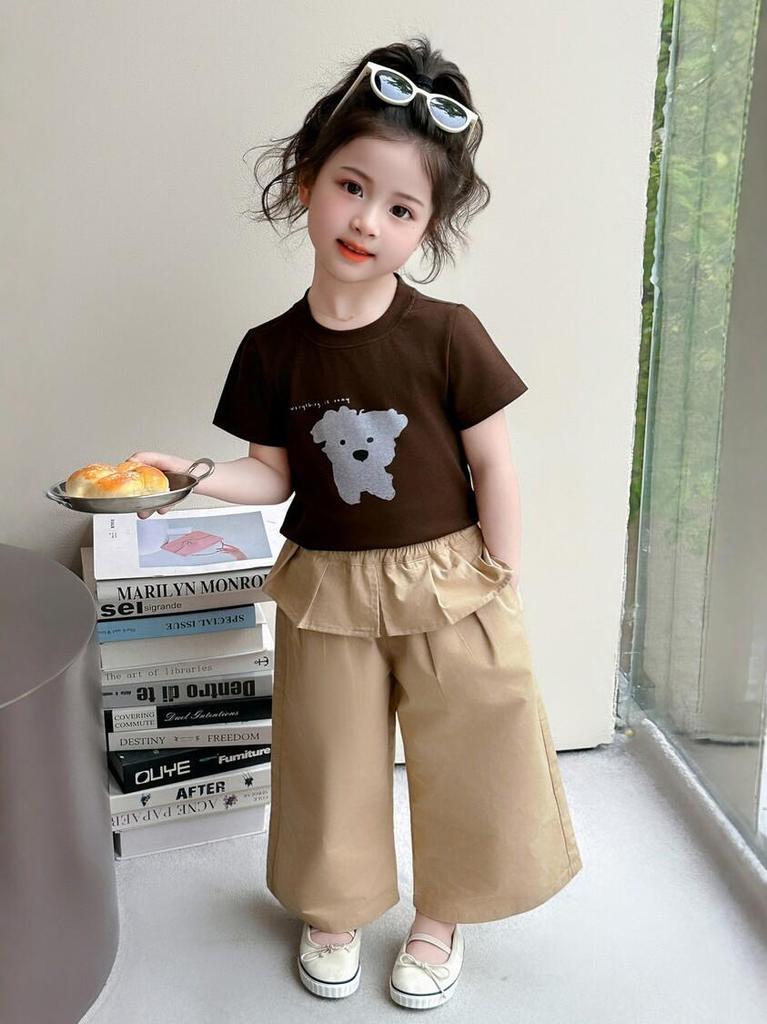 Huzhou Zhili Girls' Short Sleeve Puppy Print Top + Two-Piece Wide Leg Pants Set
