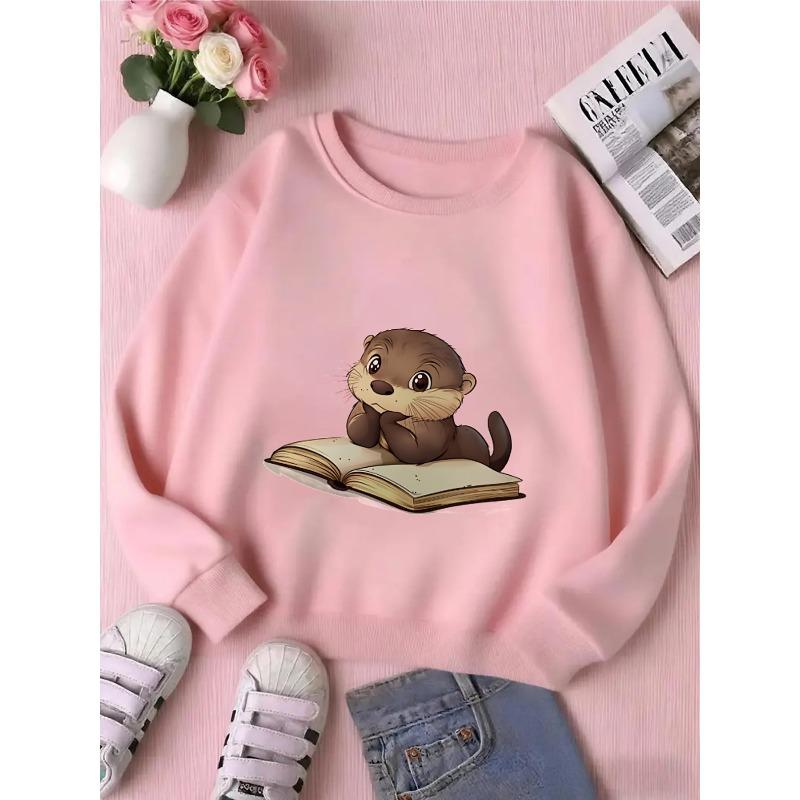 European Sizes Kids' Cute Otter Reading Book Print Hoodie - Soft Round-Neck Sweatshirt Suitable for Spring & Autumn, Casual Wear