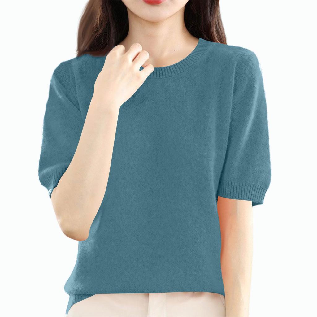 Dámská módní vlněná pletená halenka s polovičním rukávem a kulatým výstřihem, jednobarevná, spodní tričko, pletené tričko, top
