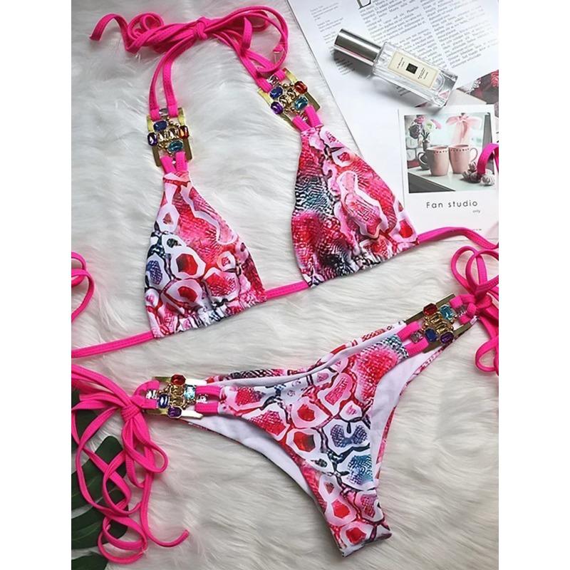 

2025 Блискуче стразове діамантове бікіні Жіночий купальник Жіночий купальний костюм Комплект бікіні з двох частин Халтер Металеві ланцюжки Купальний костюм L