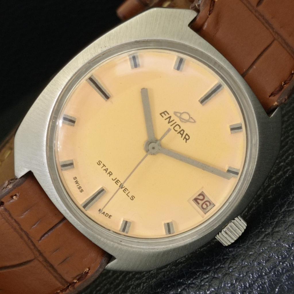 VINTAGE ENICAR STAR JEWELS HAND-WINDING SWISS MENS BEIGE DIAL WATCH A700137-5 R201-a700137