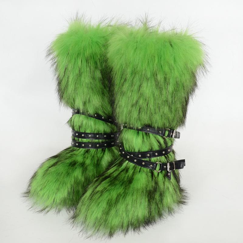 Damen Winterimitat Fuchsfell Stiefel Gürtel Punk Europäisch und Amerikanisch hoher Schaft 40 langer Schaft Schneestiefel Schuhe