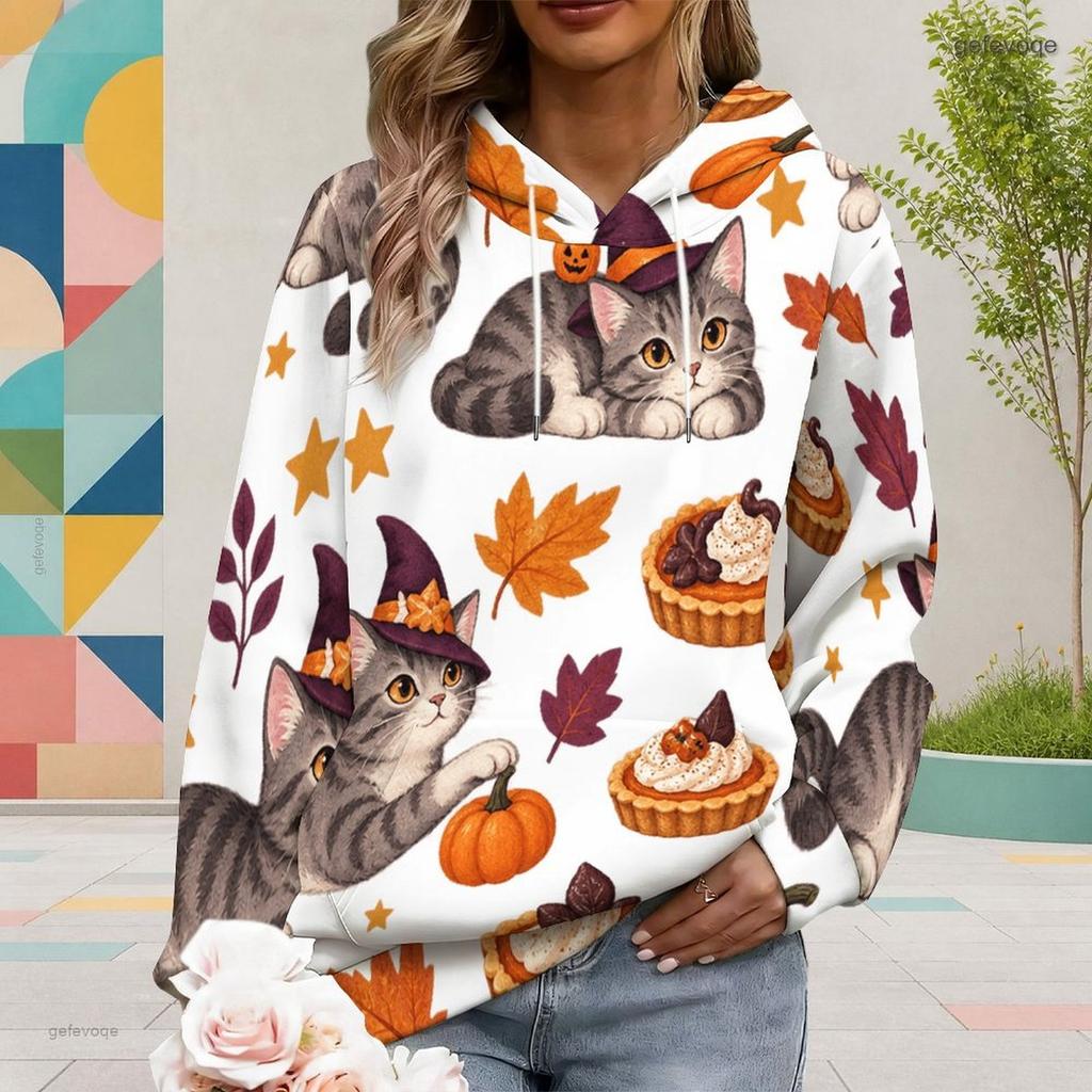 Women Plus Size Long Sleeve Drawstring Hoodie Cute Cartoon Bat Print White Kangaroo Pocket Pullover