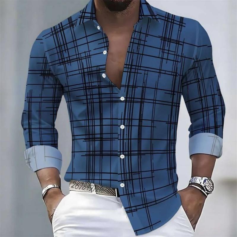 Men's Irregular Line Grid 3D Printed Long Sleeved Shirt, Business Casual Lapel Button Up Cardigan