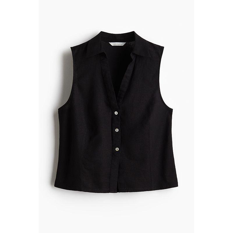

HM Women s Shirt 2025 Summer New Arrival Linen Blended Lapel Work Clothing Sleeveless Silm V-neck Shirt 1289990 Black 160/88(S)