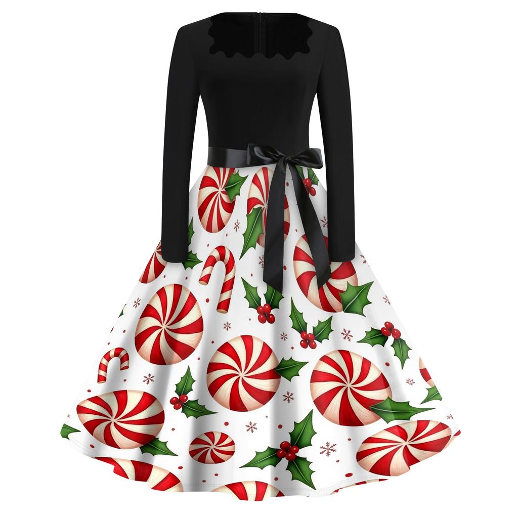 Women's Casual Vintage Dress with Square Neck and Christmas Print for Holiday Party