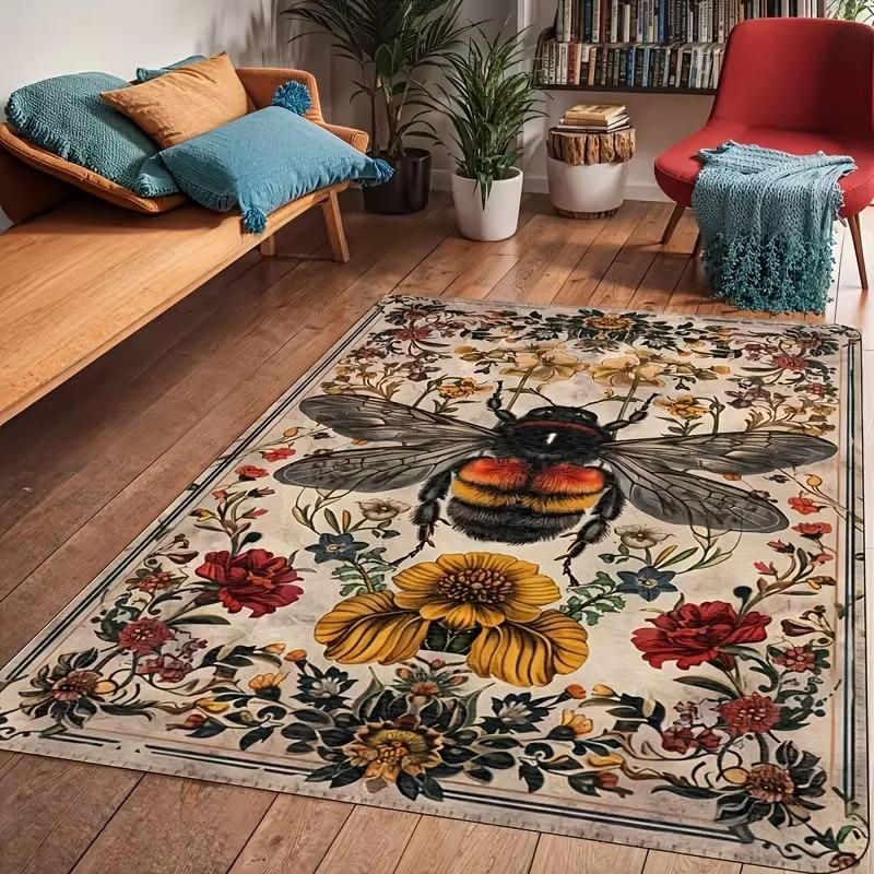 Vintage Flannel Carpet Bee Pattern Machine Washable Suitable Rugs Decorating Living Rooms Kitchens in Spring and Autumn Mats