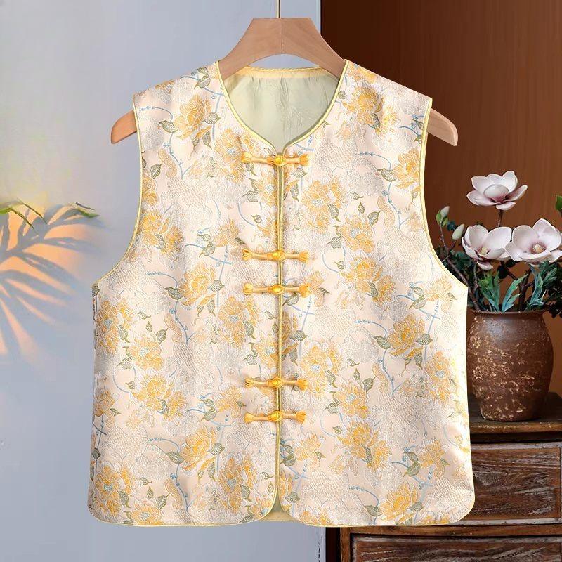 Gilet Jacquard Elegante da Donna Stile Cinese Collo alla Mandarina Bottone a Rana Abbigliamento Vintage