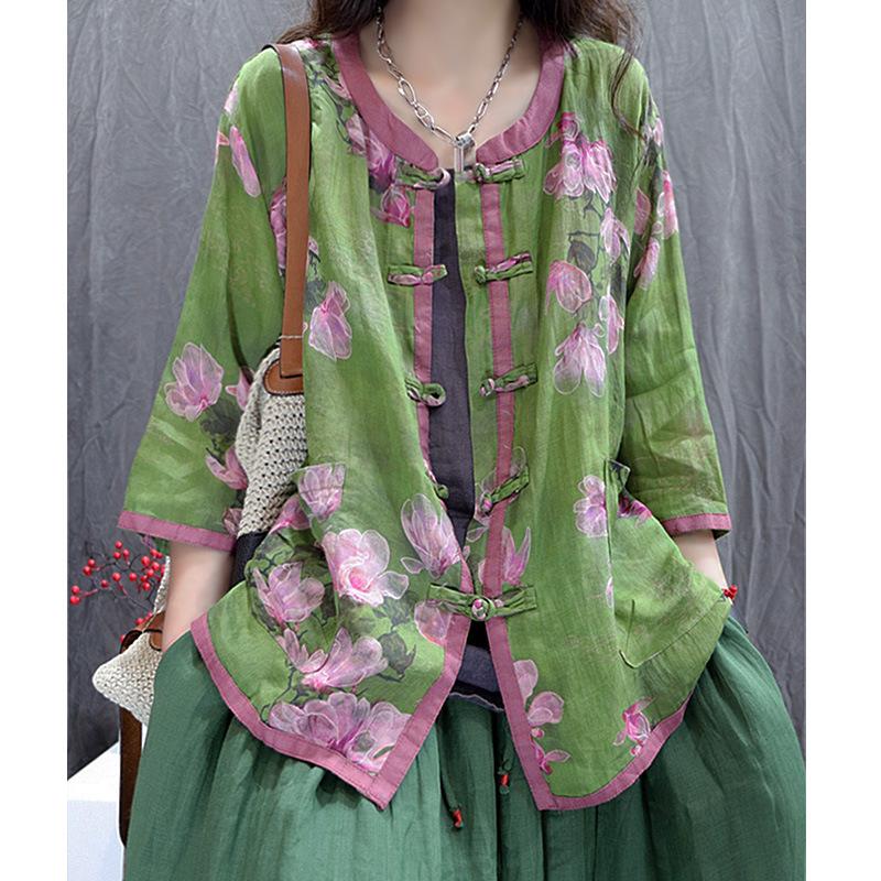 

2026 Artistic Retro Linen Print Button-Up Cardigan - Plus Size, Casual Loose Fit, 3/4 Sleeves Large зелений