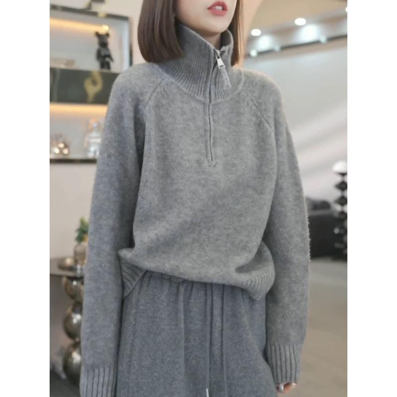 Korean Style Women's High-Neck Half-Zip Pullover Sweater - Winter 2025 Collection