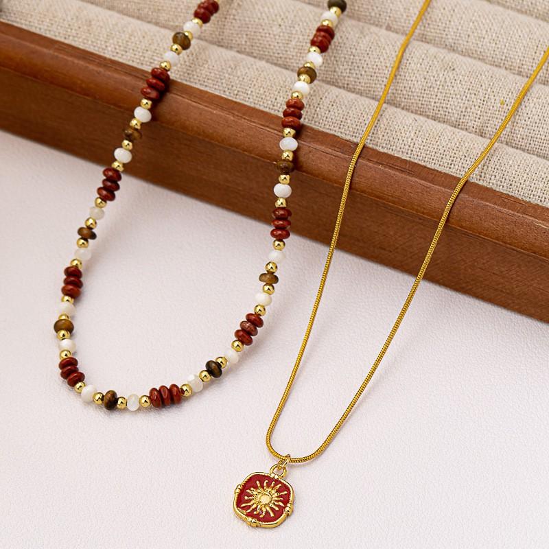 Vintage Beaded Tiger Eye Necklace Women Double Layer Sunflower Pendant Boho Chic Minimalist Jewelry Single-strand Beaded Necklace