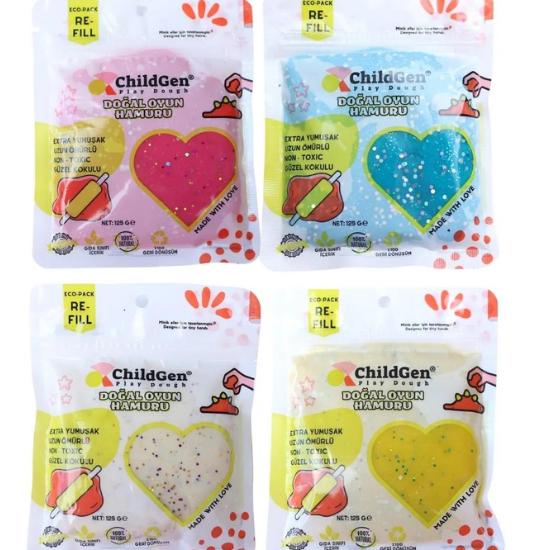 

Натуральное игровое тесто ChildGen — набор из 4 вакуумных картриджей с блестками 4x125 гр. - (экопак-заправка) chldgnecopack