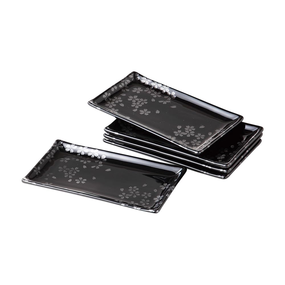 Ale-net Medium Plates, Set of 5, Serving Plates, W22.8×D12.5×H2cm, Silver-glazed Cherry Blossom Design, Porcelain, Mino Ware, Made in Japan