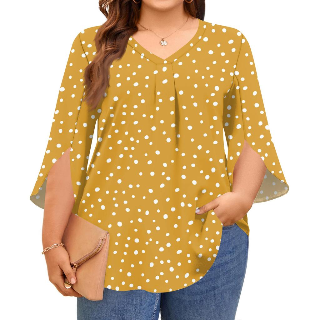 Women's Prined V-neck Plus Size Tops 3/4 Sleeves Elegant Shirt Tops