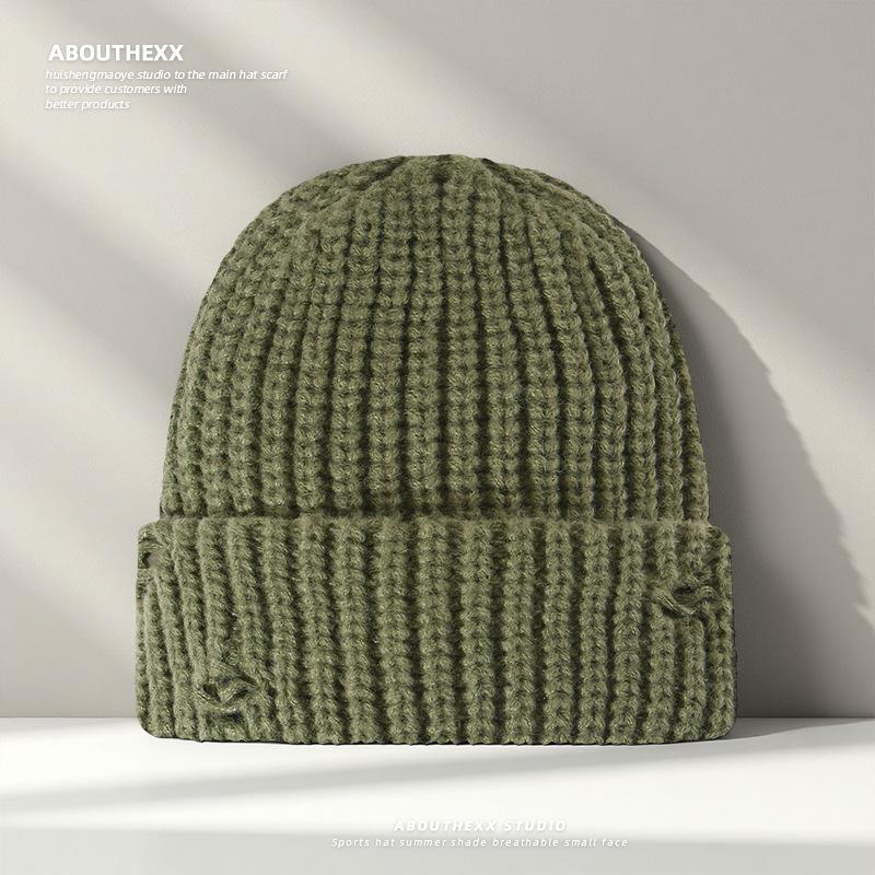 New Style Ripped Knitted Hat for Women Winter Retro  Versatile Face Showing Small Woolen Hat Large Head Circumference  Warm Pullover Cold Hat for Men