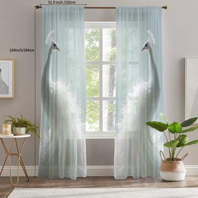 2 Pcs Elegant White Peacock Sheer Curtains – Polyester Rod Pocket Design for Living Room Dining Room Bedroom Studio Cafe