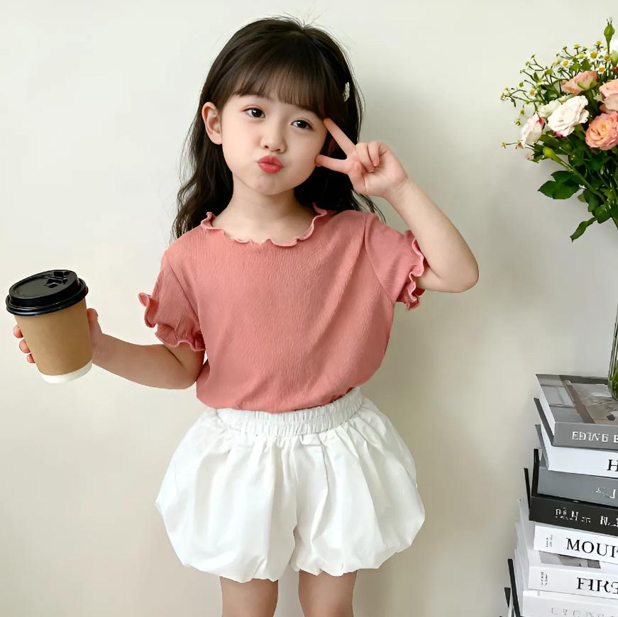 HD Korean Style Girls' Summer Striped Ruffle Trim Toddler Top - Sweet Candy Color Short Sleeve T-Shirt