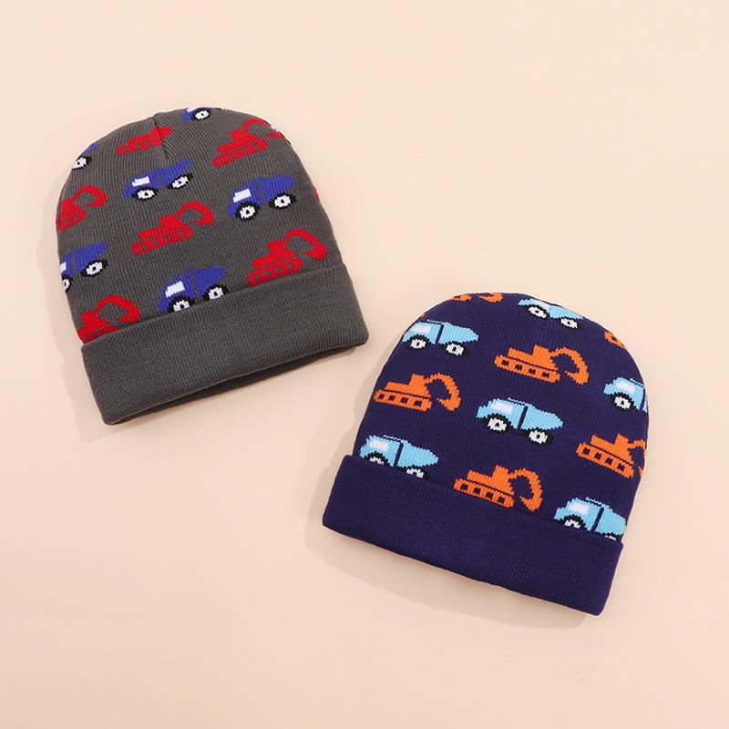 Detská jesenná/zimná pletená čiapka s bagrom - Teplá, vetruodolná vlnená čiapka pre chlapcov a dievčatá