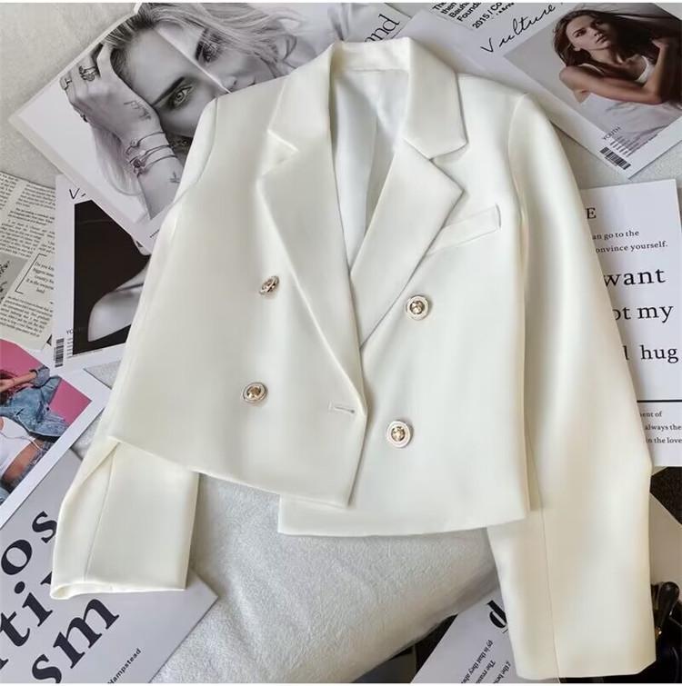 Women's Slim Fit Double-Breasted White Blazer, High-Waisted, Long-Sleeved, Short Suit for Spring/Autumn 2024, Petite Temperament.