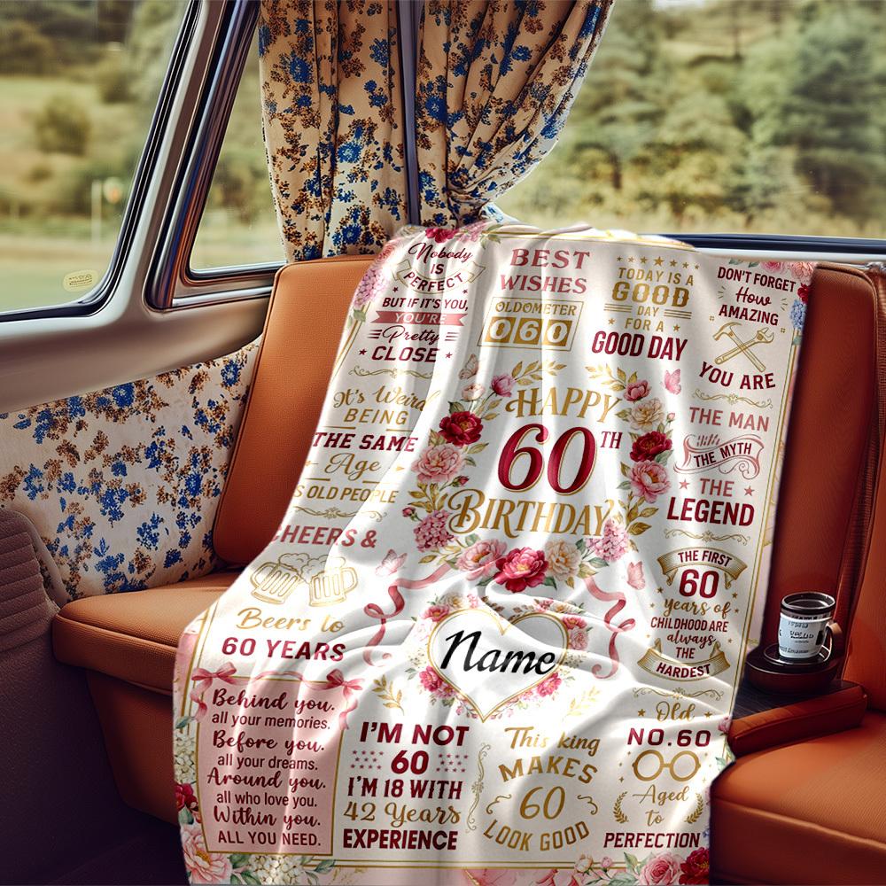 Floral Celebration Milestone 60Th Birthday Blanket Personalized Name Soft Comfortable Stylish Blanket Car Blanket Perfect For Travel Camping Outdoor