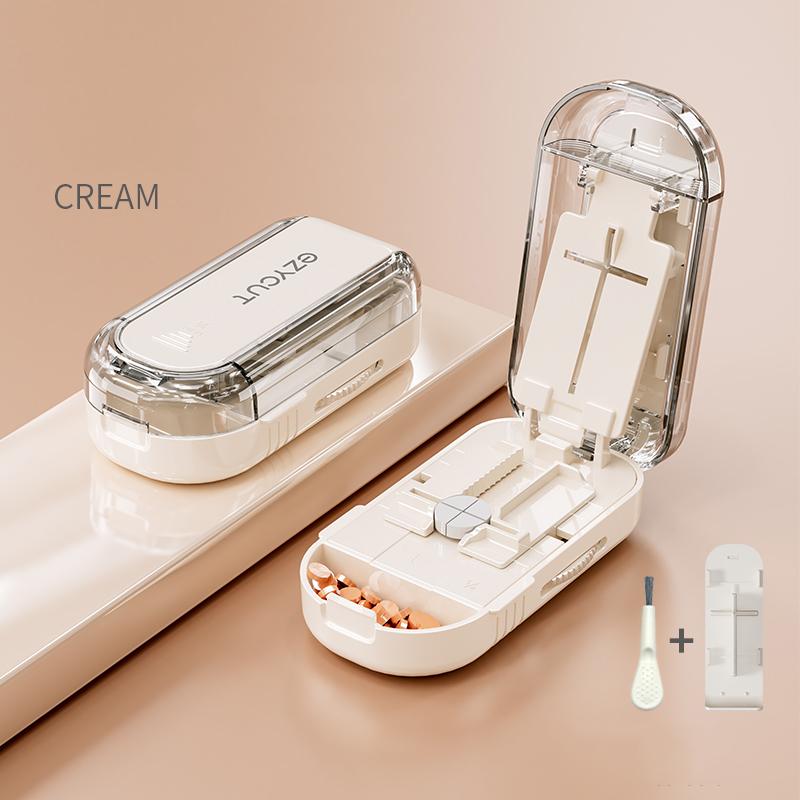 2 In 1 Pill Cutter Storage Box With Replacement Blade & Cleaning Brush Portable  Compartments Travel Small Health Care Pill Case
