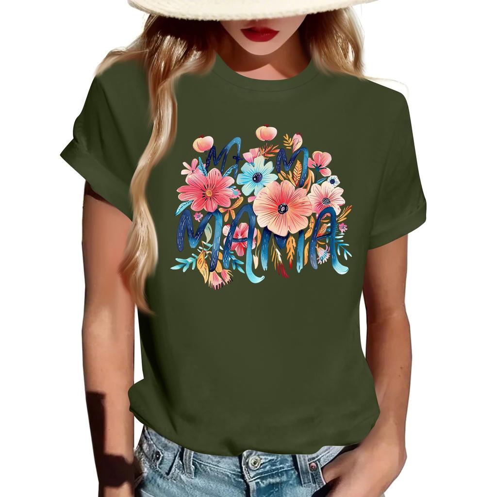 Damen Top Rundhals Lässig Bedrucktes Kurzarm T-Shirt Top