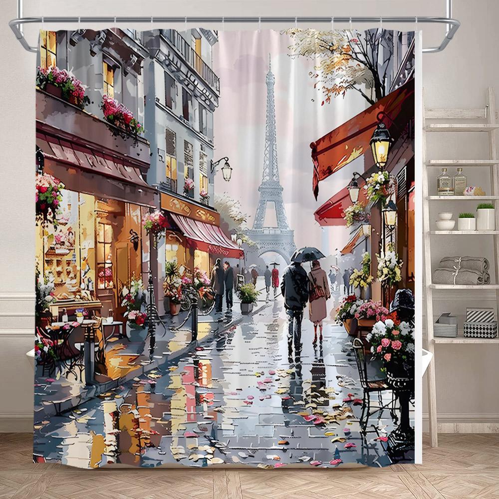 Rideau de douche Tour Eiffel Paris Paysage urbain européen Peinture à l'huile Décor romantique de baignoire Rideau de bain moderne en polyester avec crochets